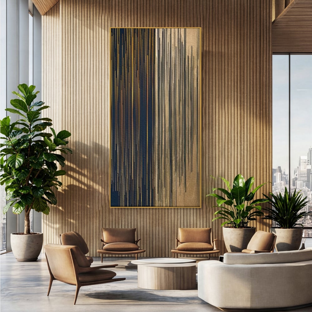 Tablou canvas cu tablou abstract cu linii verticale aurii, in rama de aluminiu auriu, pe perete intr-un birou